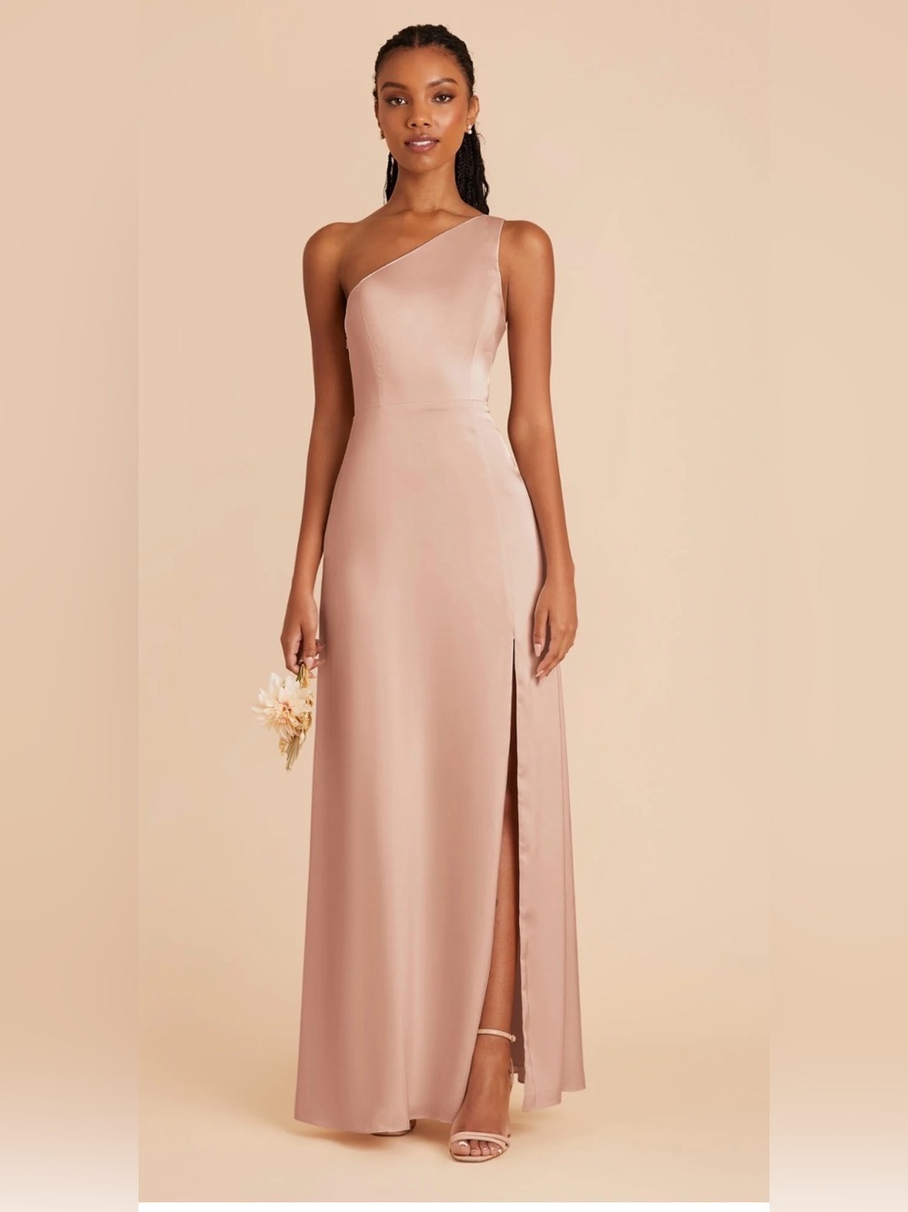 Birdy Gray One-Shoulder Blush Satin Evening Dress